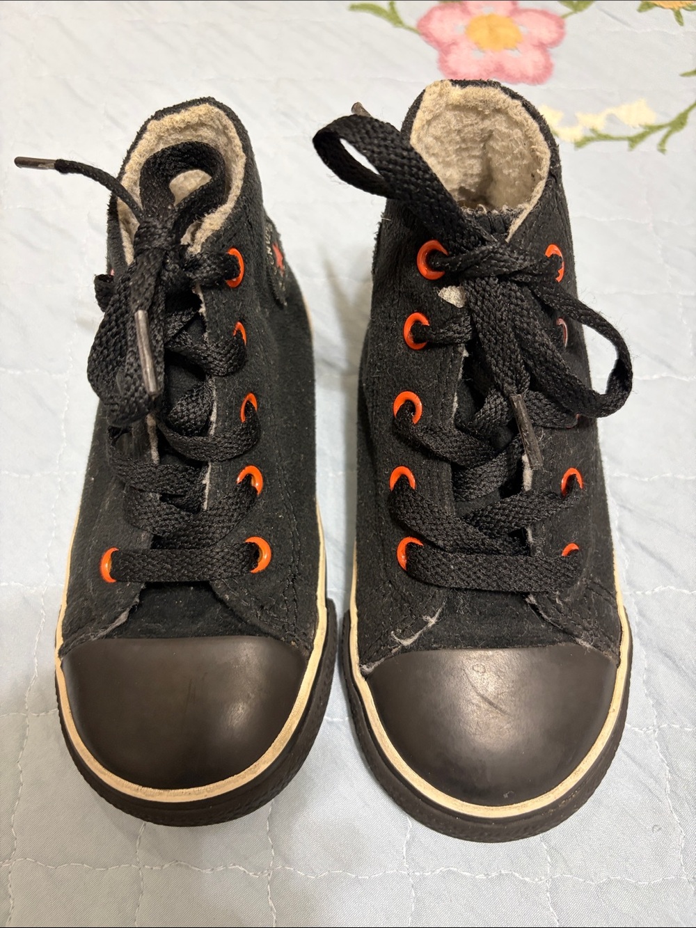 Converse Vintage Kids Black Suede Orange Lace Hoop Grey Fleece High top Size 8